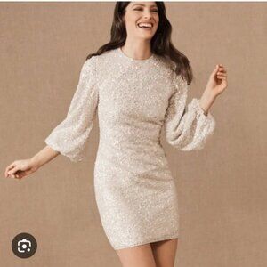 BHLDN Goldie Sequin Long Puff Sleeve Mini Dress Ivory White Size 8 Like New